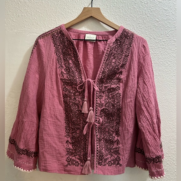 (EUC)Wrap London crinkle cotton linen front tie blouse size us 12 - Picture 5 of 9